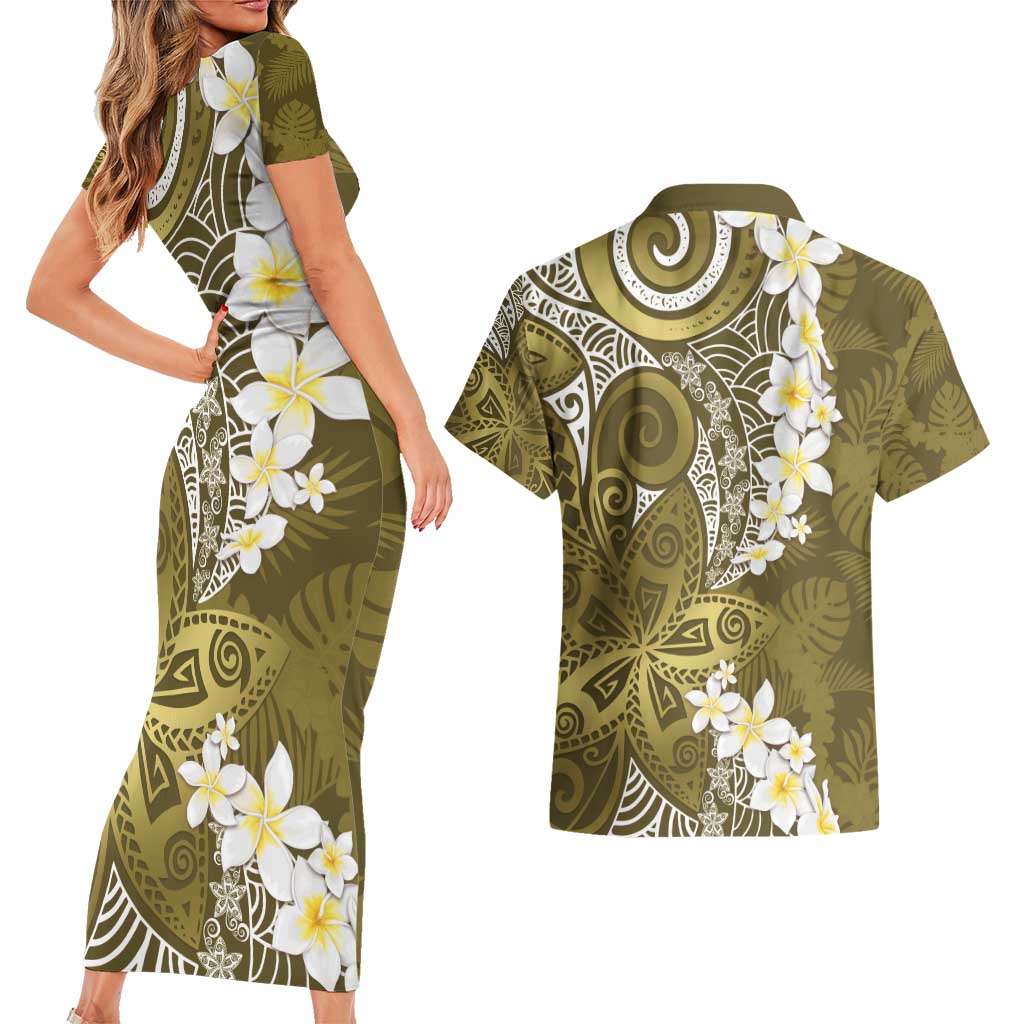 Gold Polynesian Tribal Frangipani Tropical Vibe Couples Matching Short Sleeve Bodycon Dress and Hawaiian Shirt LT14 - Polynesian Pride