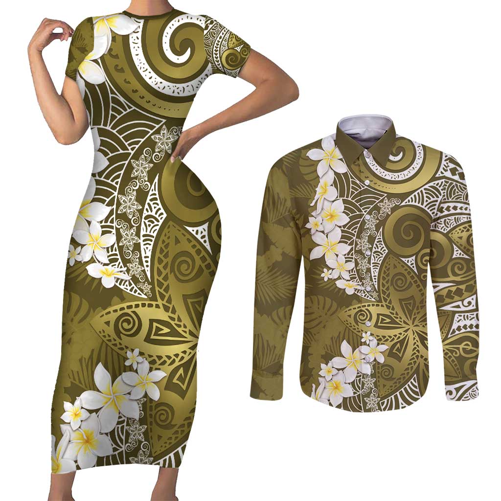 Gold Polynesian Tribal Frangipani Tropical Vibe Couples Matching Short Sleeve Bodycon Dress and Long Sleeve Button Shirt LT14 Gold - Polynesian Pride