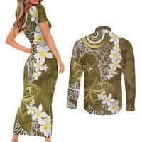 Gold Polynesian Tribal Frangipani Tropical Vibe Couples Matching Short Sleeve Bodycon Dress and Long Sleeve Button Shirt LT14 - Polynesian Pride