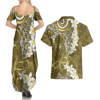 Gold Polynesian Tribal Frangipani Tropical Vibe Couples Matching Summer Maxi Dress and Hawaiian Shirt LT14 - Polynesian Pride