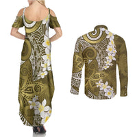 Gold Polynesian Tribal Frangipani Tropical Vibe Couples Matching Summer Maxi Dress and Long Sleeve Button Shirt LT14 - Polynesian Pride
