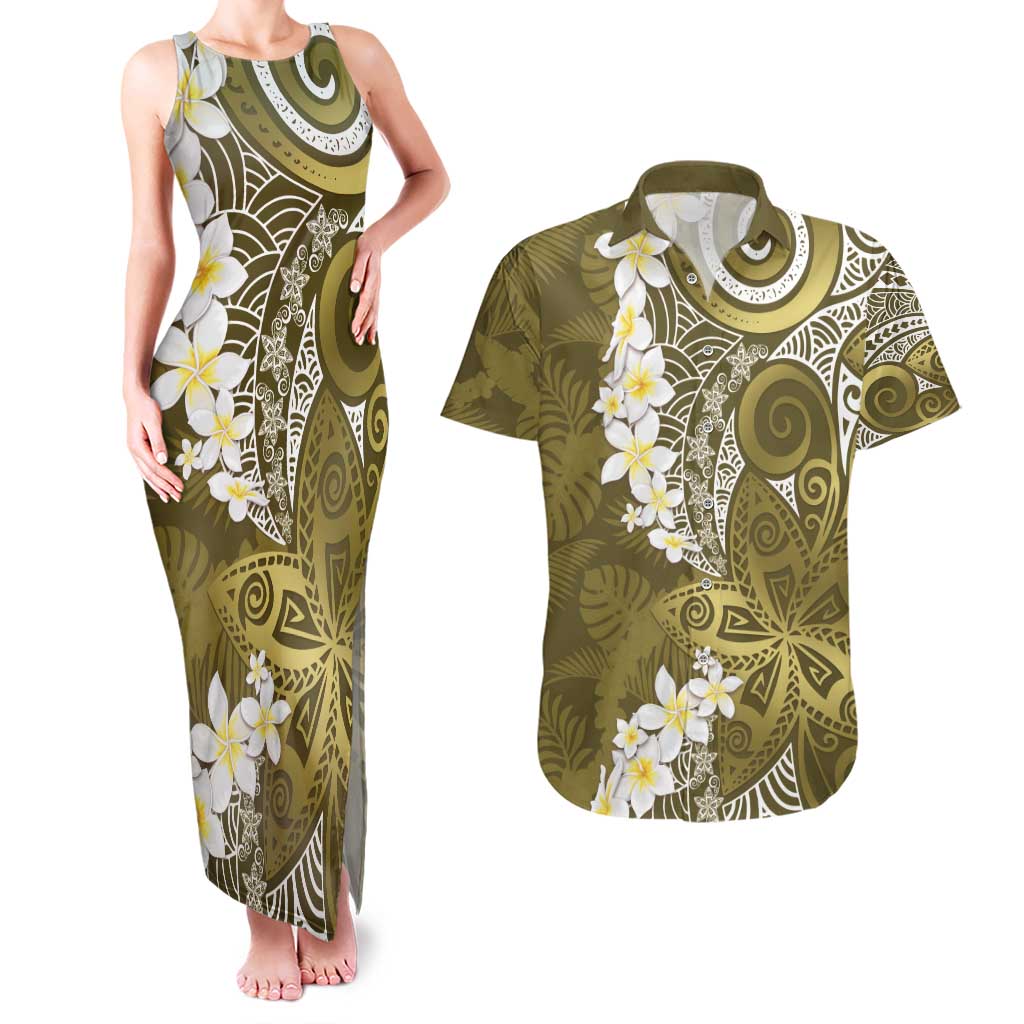 Gold Polynesian Tribal Frangipani Tropical Vibe Couples Matching Tank Maxi Dress and Hawaiian Shirt LT14 Gold - Polynesian Pride
