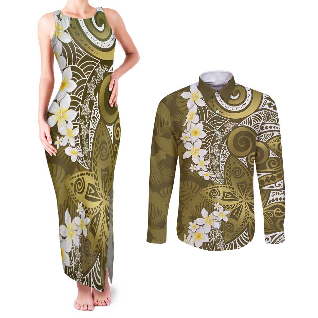 Gold Polynesian Tribal Frangipani Tropical Vibe Couples Matching Tank Maxi Dress and Long Sleeve Button Shirt LT14 Gold - Polynesian Pride