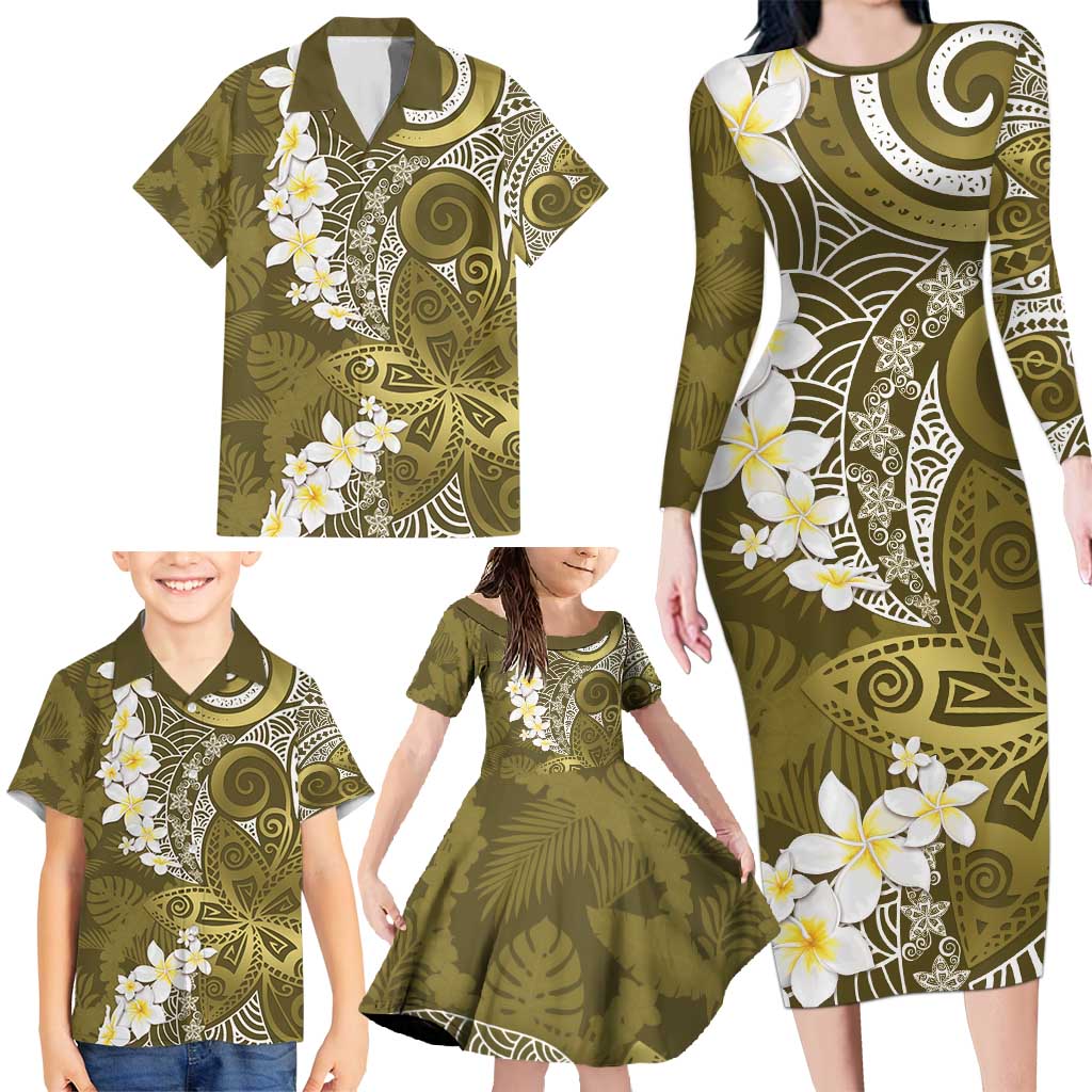Gold Polynesian Tribal Frangipani Tropical Vibe Family Matching Long Sleeve Bodycon Dress and Hawaiian Shirt LT14 - Polynesian Pride