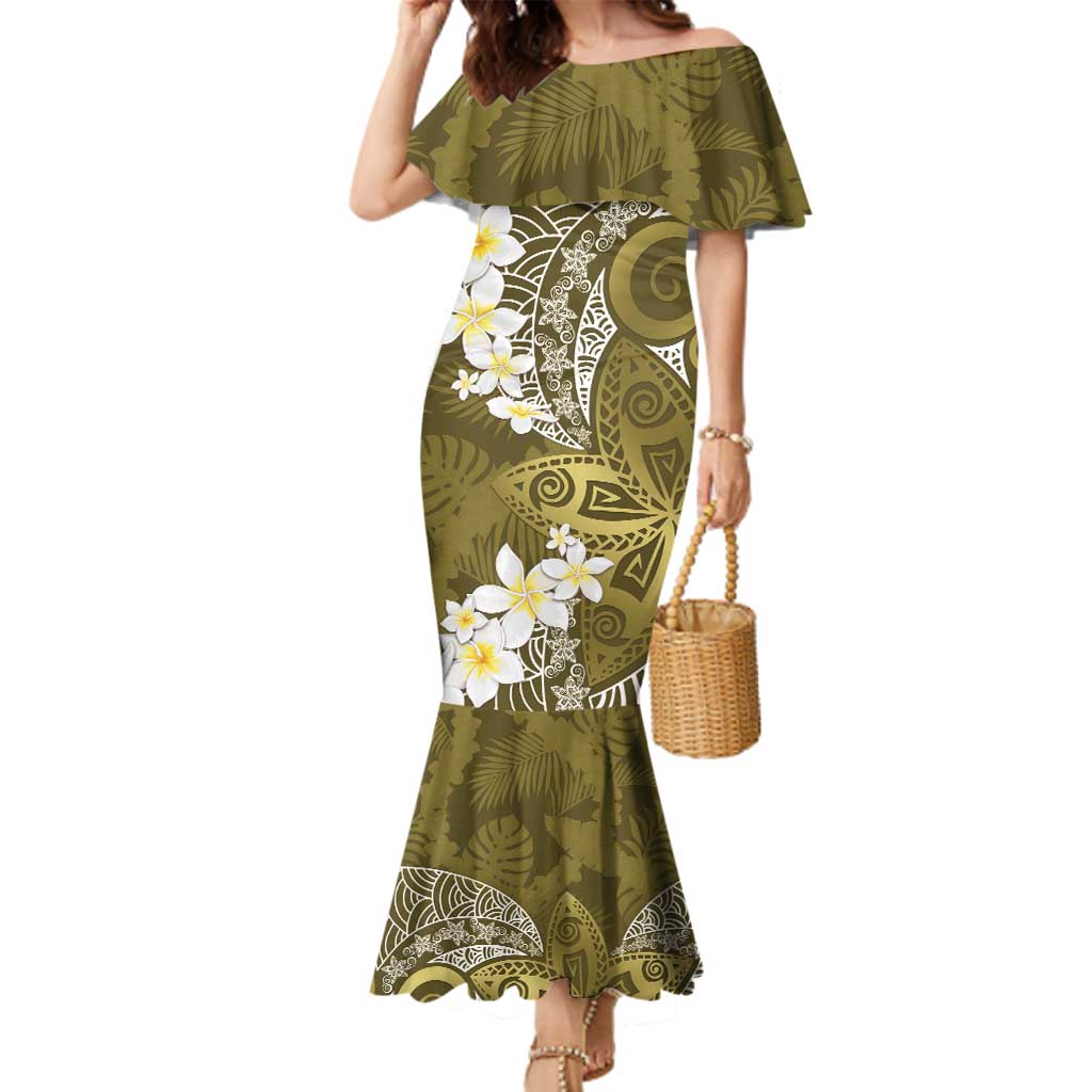 Gold Polynesian Tribal Frangipani Tropical Vibe Family Matching Mermaid Dress and Hawaiian Shirt LT14 Mom's Dress Gold - Polynesian Pride