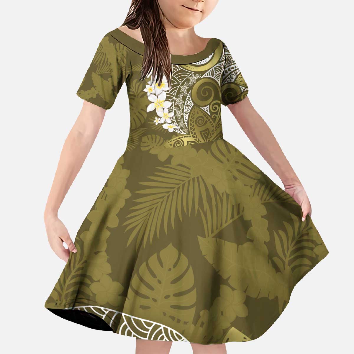 Gold Polynesian Tribal Frangipani Tropical Vibe Family Matching Off The Shoulder Long Sleeve Dress and Hawaiian Shirt LT14 Daughter's Dress Gold - Polynesian Pride