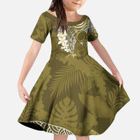 Gold Polynesian Tribal Frangipani Tropical Vibe Family Matching Off The Shoulder Long Sleeve Dress and Hawaiian Shirt LT14 Daughter's Dress Gold - Polynesian Pride