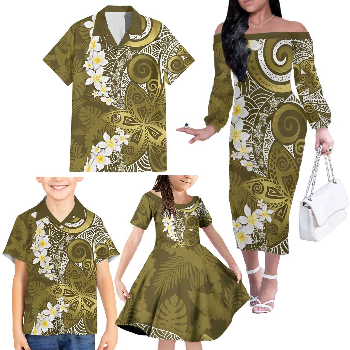 Gold Polynesian Tribal Frangipani Tropical Vibe Family Matching Off The Shoulder Long Sleeve Dress and Hawaiian Shirt LT14 - Polynesian Pride