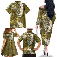 Gold Polynesian Tribal Frangipani Tropical Vibe Family Matching Off The Shoulder Long Sleeve Dress and Hawaiian Shirt LT14 - Polynesian Pride