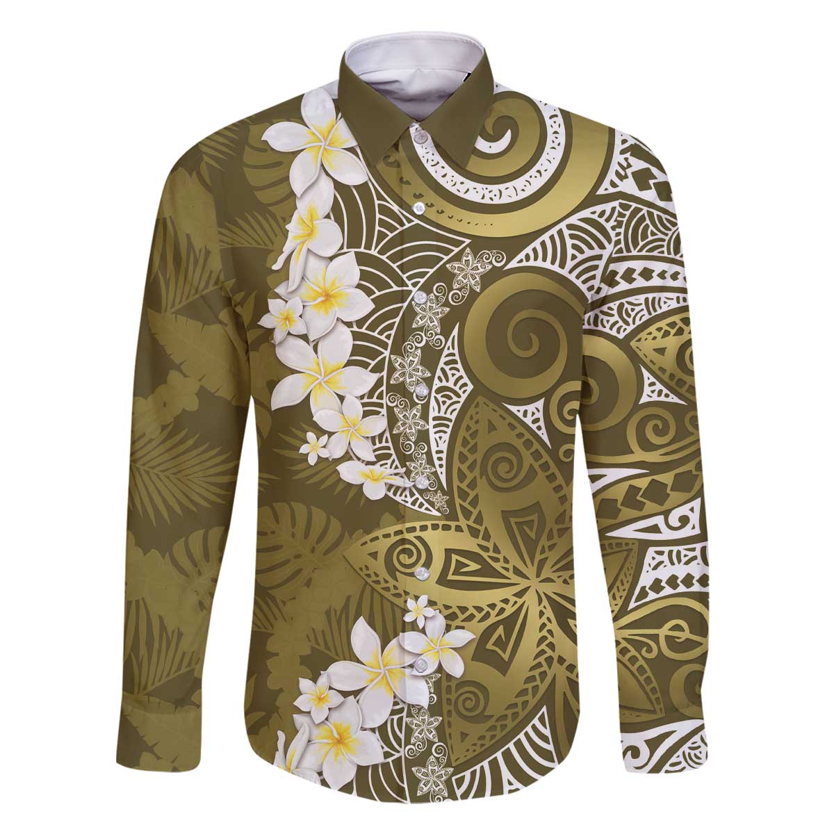 Gold Polynesian Tribal Frangipani Tropical Vibe Family Matching Off The Shoulder Long Sleeve Dress and Hawaiian Shirt LT14 Dad's Shirt - Long Sleeve Gold - Polynesian Pride