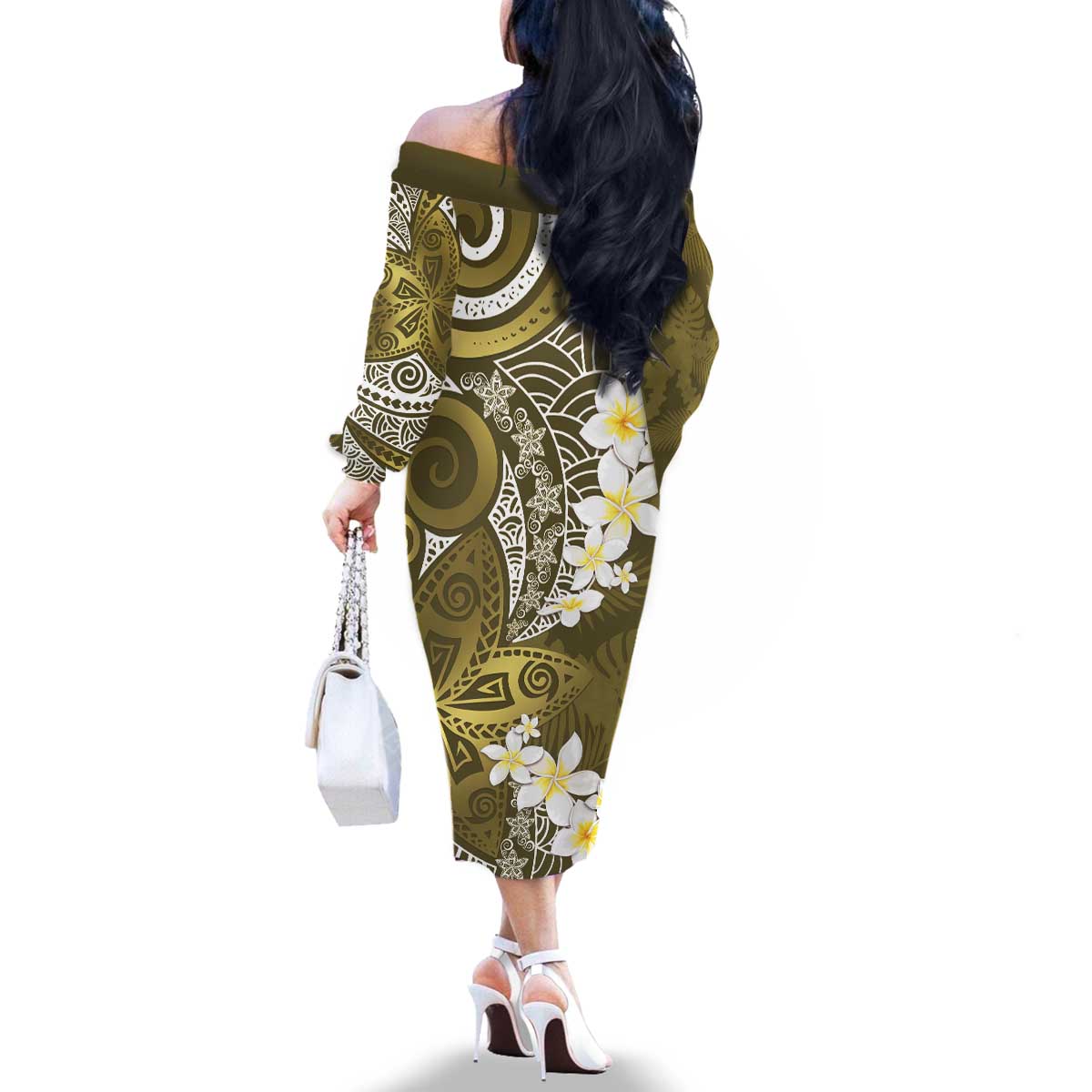 Gold Polynesian Tribal Frangipani Tropical Vibe Family Matching Off The Shoulder Long Sleeve Dress and Hawaiian Shirt LT14 - Polynesian Pride