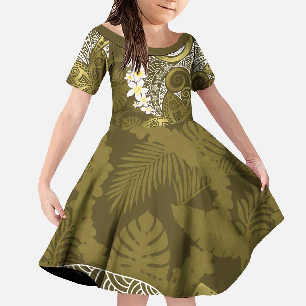 Gold Polynesian Tribal Frangipani Tropical Vibe Family Matching Off Shoulder Maxi Dress and Hawaiian Shirt LT14 Daughter's Dress Gold - Polynesian Pride