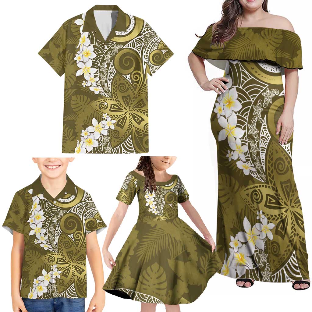 Gold Polynesian Tribal Frangipani Tropical Vibe Family Matching Off Shoulder Maxi Dress and Hawaiian Shirt LT14 - Polynesian Pride