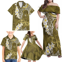 Gold Polynesian Tribal Frangipani Tropical Vibe Family Matching Off Shoulder Maxi Dress and Hawaiian Shirt LT14 - Polynesian Pride