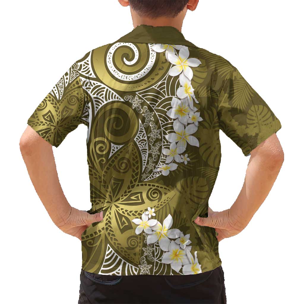 Gold Polynesian Tribal Frangipani Tropical Vibe Family Matching Off Shoulder Short Dress and Hawaiian Shirt LT14 - Polynesian Pride