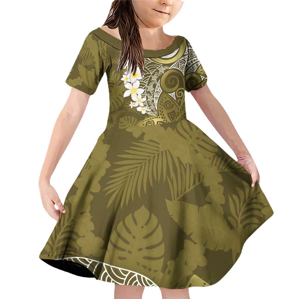 Gold Polynesian Tribal Frangipani Tropical Vibe Family Matching Off Shoulder Short Dress and Hawaiian Shirt LT14 Daughter's Dress Gold - Polynesian Pride
