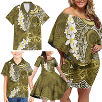 Gold Polynesian Tribal Frangipani Tropical Vibe Family Matching Off Shoulder Short Dress and Hawaiian Shirt LT14 - Polynesian Pride