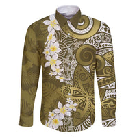 Gold Polynesian Tribal Frangipani Tropical Vibe Family Matching Off Shoulder Short Dress and Hawaiian Shirt LT14 Dad's Shirt - Long Sleeve Gold - Polynesian Pride