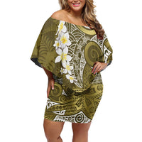 Gold Polynesian Tribal Frangipani Tropical Vibe Family Matching Off Shoulder Short Dress and Hawaiian Shirt LT14 Mom's Dress Gold - Polynesian Pride