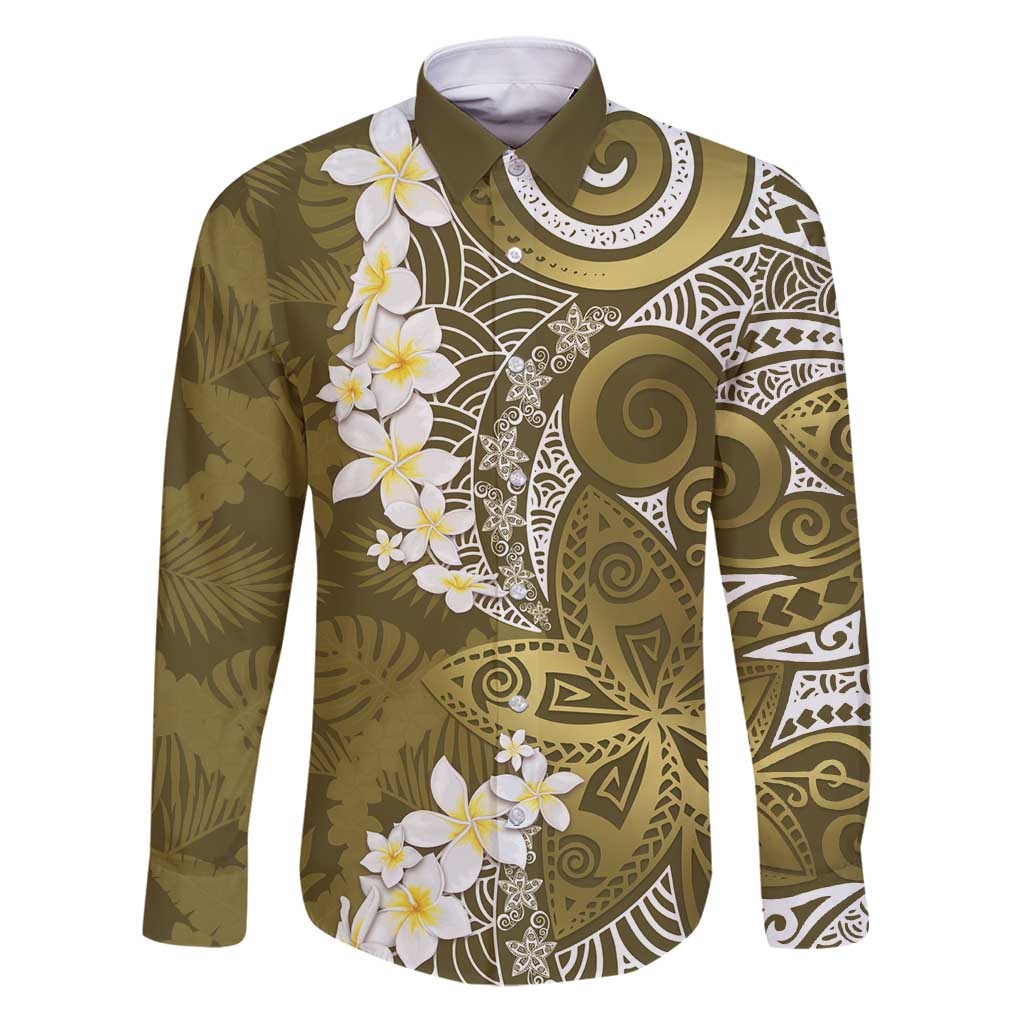 Gold Polynesian Tribal Frangipani Tropical Vibe Family Matching Puletasi and Hawaiian Shirt LT14 Dad's Shirt - Long Sleeve Gold - Polynesian Pride