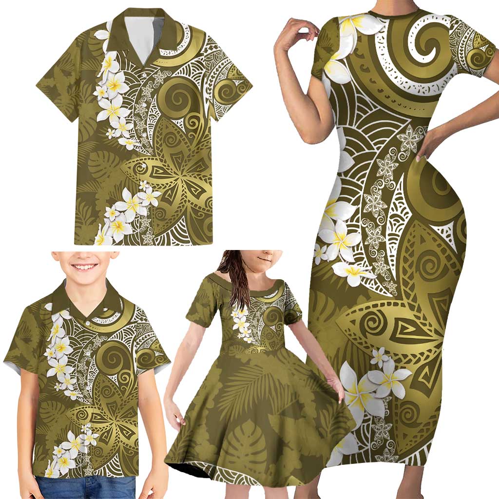 Gold Polynesian Tribal Frangipani Tropical Vibe Family Matching Short Sleeve Bodycon Dress and Hawaiian Shirt LT14 - Polynesian Pride