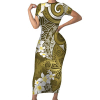 Gold Polynesian Tribal Frangipani Tropical Vibe Family Matching Short Sleeve Bodycon Dress and Hawaiian Shirt LT14 Mom's Dress Gold - Polynesian Pride