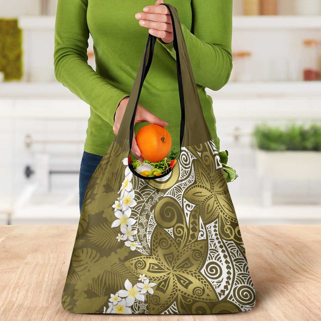 Gold Polynesian Tribal Frangipani Tropical Vibe Grocery Bag LT14 - Polynesian Pride