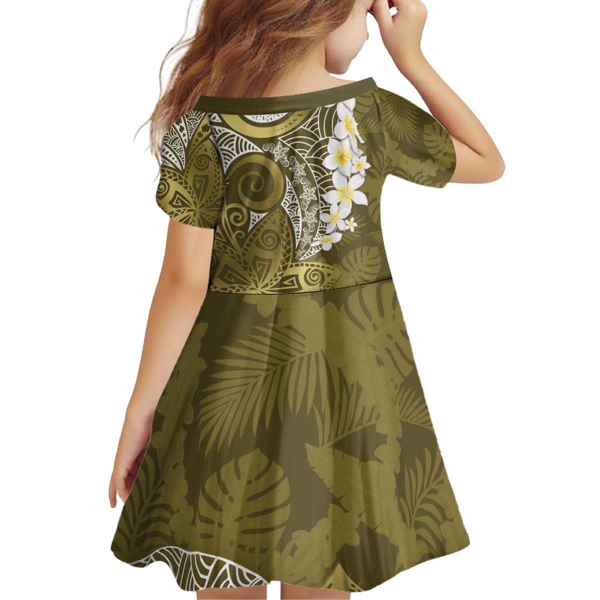 Gold Polynesian Tribal Frangipani Tropical Vibe Kid Short Sleeve Dress