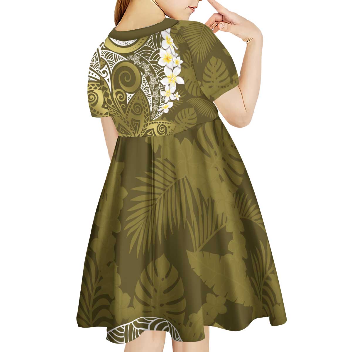 Gold Polynesian Tribal Frangipani Tropical Vibe Kid Short Sleeve Dress