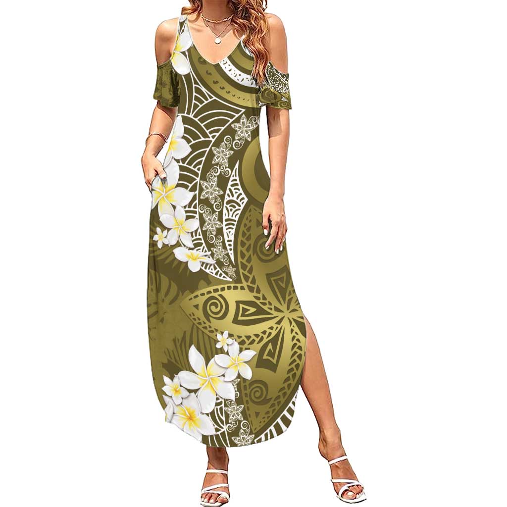 Gold Polynesian Tribal Frangipani Tropical Vibe Summer Maxi Dress