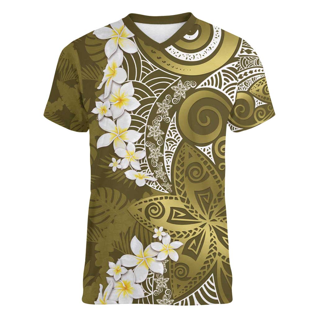 Gold Polynesian Tribal Frangipani Tropical Vibe Women V-Neck T-Shirt LT14 Female Gold - Polynesian Pride
