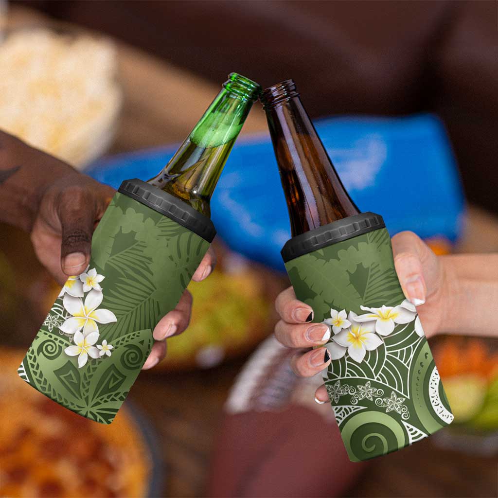 Green Polynesian Tribal Frangipani Tropical Vibe 4 in 1 Can Cooler Tumbler