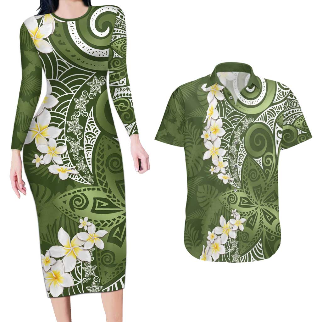 Green Polynesian Tribal Frangipani Tropical Vibe Couples Matching Long Sleeve Bodycon Dress and Hawaiian Shirt LT14 Green - Polynesian Pride