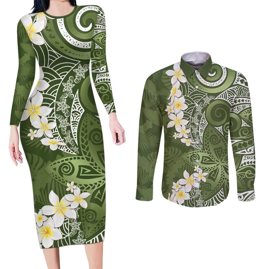 Green Polynesian Tribal Frangipani Tropical Vibe Couples Matching Long Sleeve Bodycon Dress and Long Sleeve Button Shirt LT14 Green - Polynesian Pride