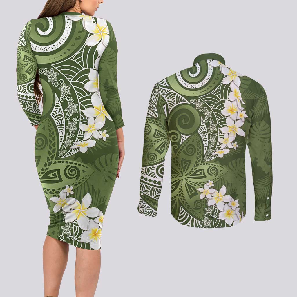 Green Polynesian Tribal Frangipani Tropical Vibe Couples Matching Long Sleeve Bodycon Dress and Long Sleeve Button Shirt LT14 - Polynesian Pride