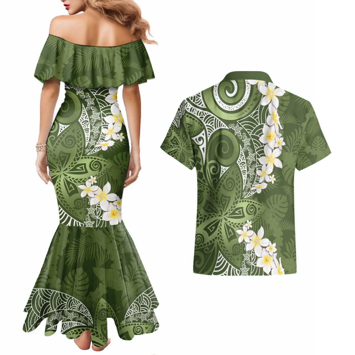 Green Polynesian Tribal Frangipani Tropical Vibe Couples Matching Mermaid Dress and Hawaiian Shirt LT14 - Polynesian Pride