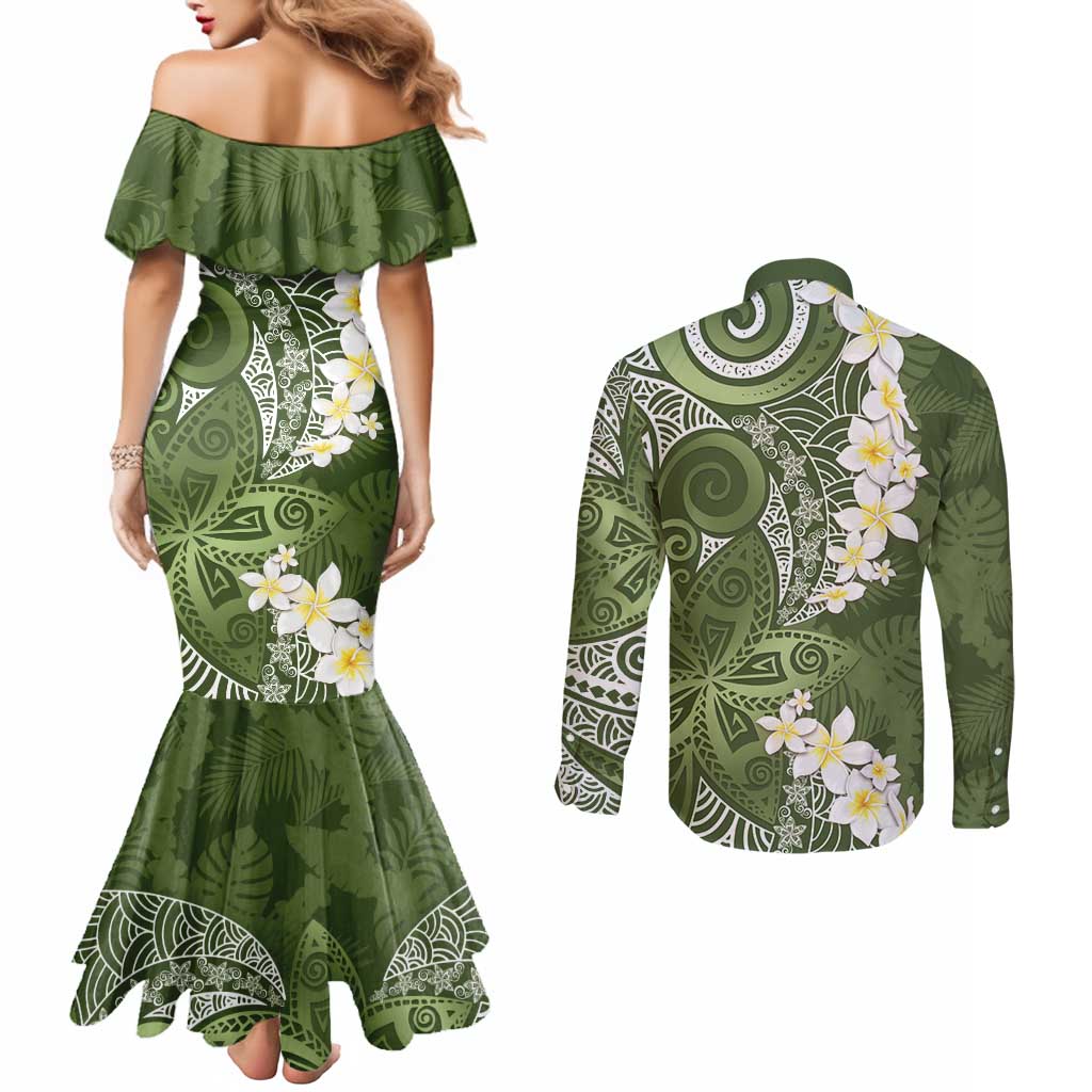 Green Polynesian Tribal Frangipani Tropical Vibe Couples Matching Mermaid Dress and Long Sleeve Button Shirt LT14 - Polynesian Pride