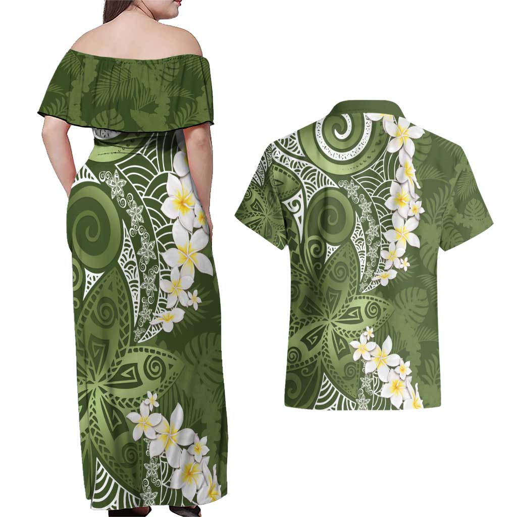 Green Polynesian Tribal Frangipani Tropical Vibe Couples Matching Off Shoulder Maxi Dress and Hawaiian Shirt LT14 - Polynesian Pride
