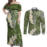 Green Polynesian Tribal Frangipani Tropical Vibe Couples Matching Off Shoulder Maxi Dress and Long Sleeve Button Shirt LT14 Green - Polynesian Pride