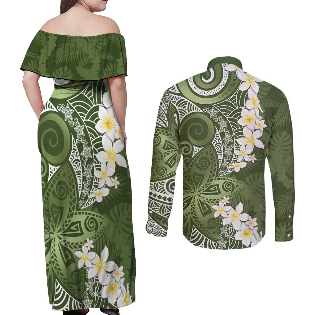 Green Polynesian Tribal Frangipani Tropical Vibe Couples Matching Off Shoulder Maxi Dress and Long Sleeve Button Shirt LT14 - Polynesian Pride