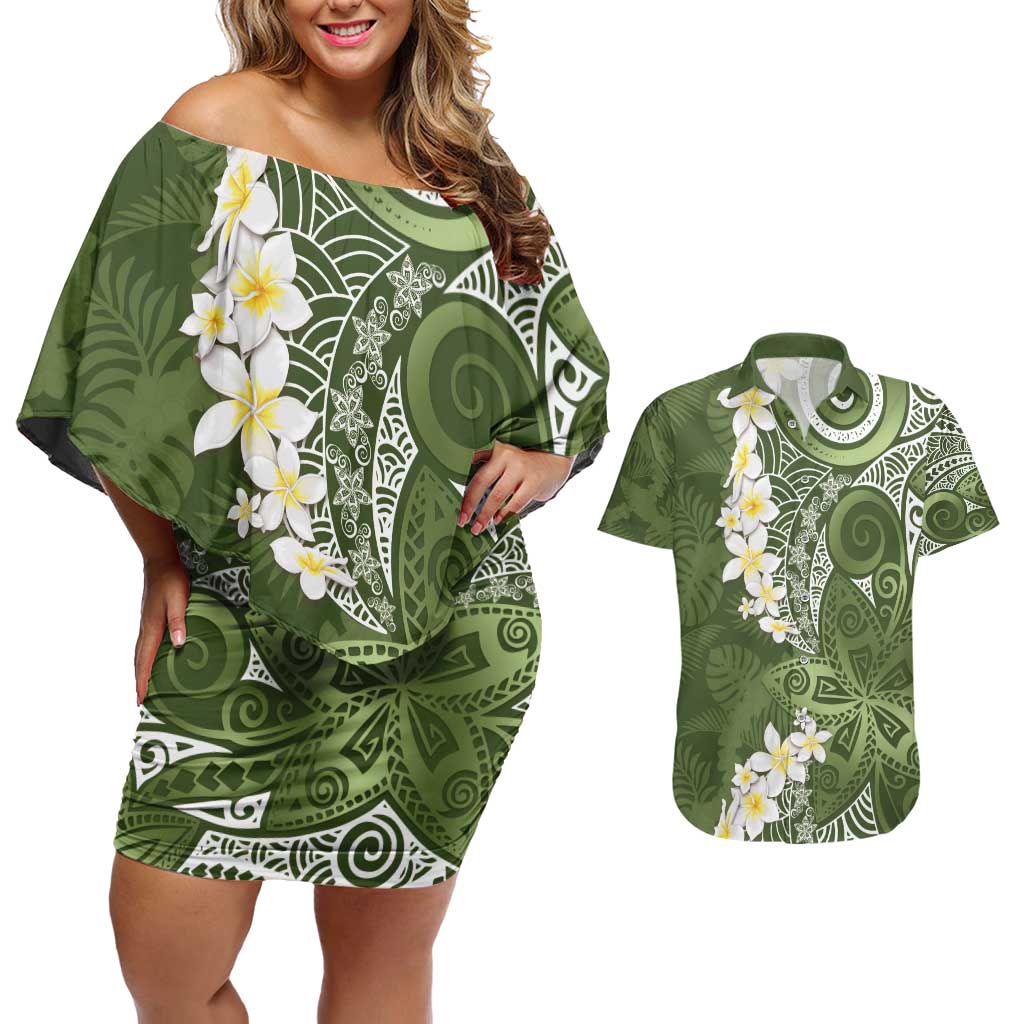 Green Polynesian Tribal Frangipani Tropical Vibe Couples Matching Off Shoulder Short Dress and Hawaiian Shirt LT14 Green - Polynesian Pride