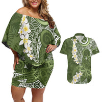 Green Polynesian Tribal Frangipani Tropical Vibe Couples Matching Off Shoulder Short Dress and Hawaiian Shirt LT14 Green - Polynesian Pride