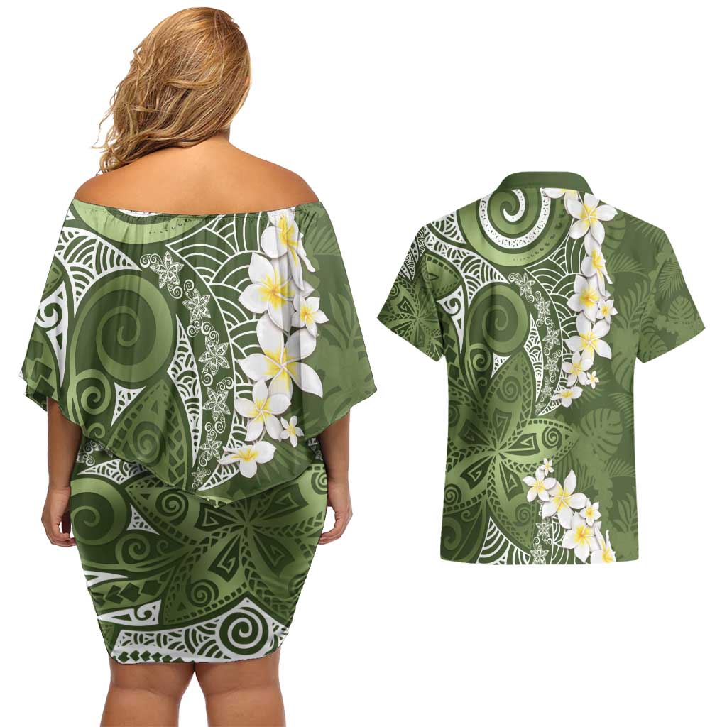 Green Polynesian Tribal Frangipani Tropical Vibe Couples Matching Off Shoulder Short Dress and Hawaiian Shirt LT14 - Polynesian Pride