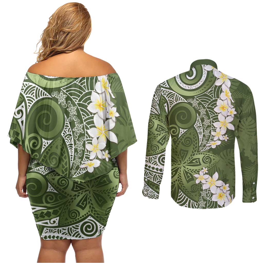 Green Polynesian Tribal Frangipani Tropical Vibe Couples Matching Off Shoulder Short Dress and Long Sleeve Button Shirt LT14 - Polynesian Pride