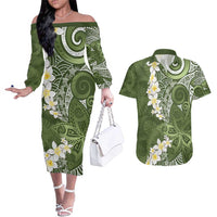 Green Polynesian Tribal Frangipani Tropical Vibe Couples Matching Off The Shoulder Long Sleeve Dress and Hawaiian Shirt LT14 Green - Polynesian Pride