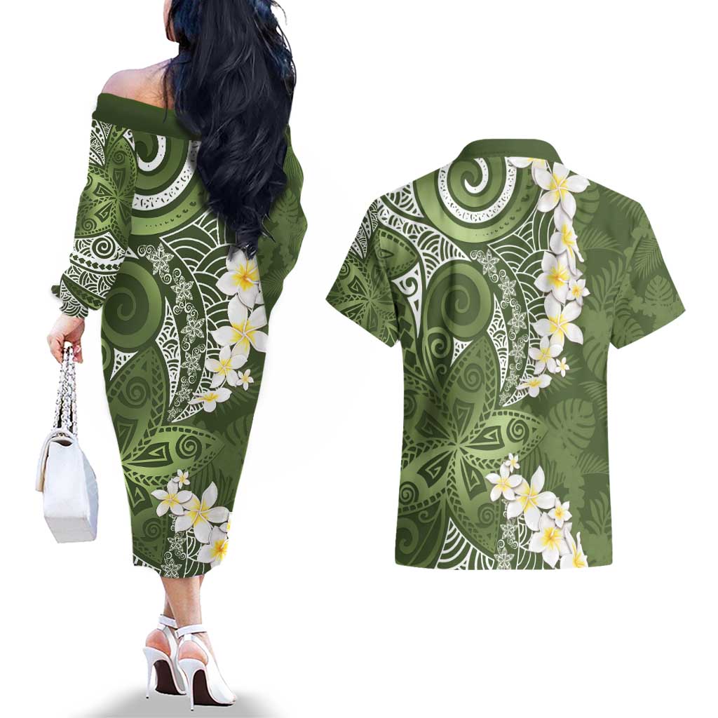 Green Polynesian Tribal Frangipani Tropical Vibe Couples Matching Off The Shoulder Long Sleeve Dress and Hawaiian Shirt LT14 - Polynesian Pride