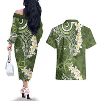Green Polynesian Tribal Frangipani Tropical Vibe Couples Matching Off The Shoulder Long Sleeve Dress and Hawaiian Shirt LT14 - Polynesian Pride