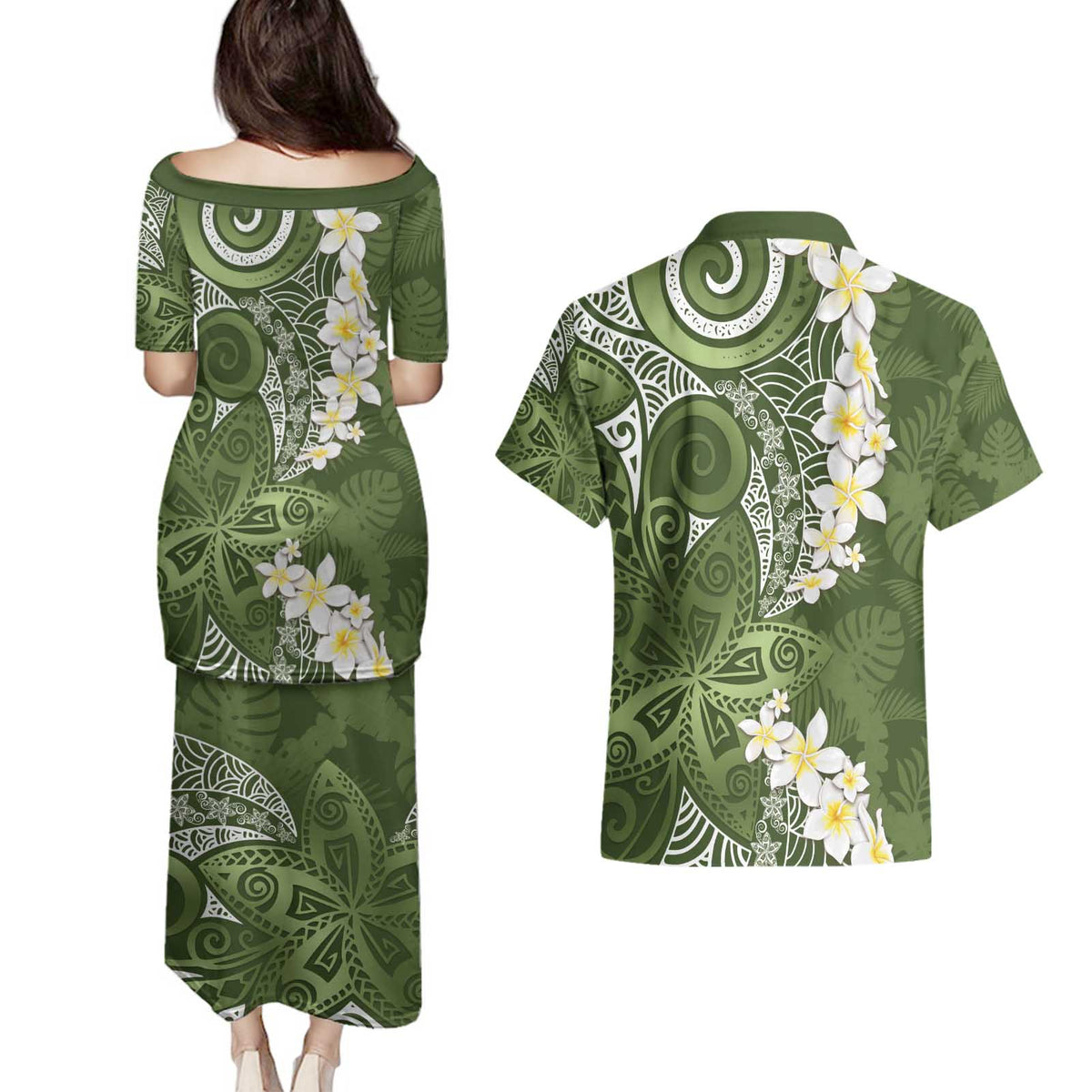 Green Polynesian Tribal Frangipani Tropical Vibe Couples Matching Puletasi and Hawaiian Shirt LT14 - Polynesian Pride