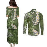 Green Polynesian Tribal Frangipani Tropical Vibe Couples Matching Puletasi and Long Sleeve Button Shirt