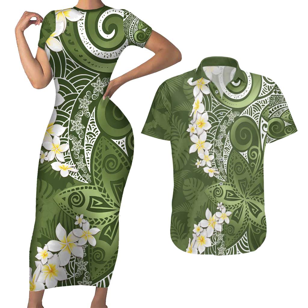 Green Polynesian Tribal Frangipani Tropical Vibe Couples Matching Short Sleeve Bodycon Dress and Hawaiian Shirt LT14 Green - Polynesian Pride
